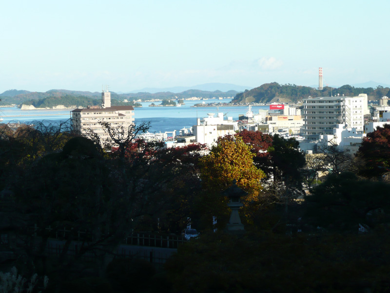 A view from Shiogama Shrine across Shiogama with the famous Matsushima Bay in the background.