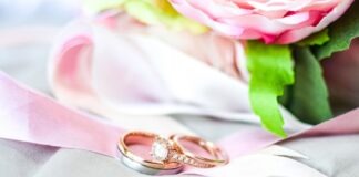 silver-and-gold-colored rings near pink flower