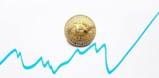 Gold bitcoin cryptocurrency coin and blue graph of changes of value on white background
