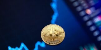 Gold bitcoin coin on background of growth chart