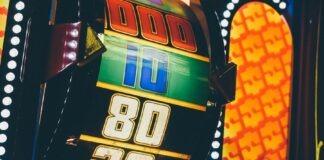 lighted slot machine at nighttime