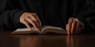 a person is reading a book on a table