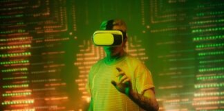 Person immersed in virtual reality, illuminated by vibrant lights, in a futuristic tech environment.
