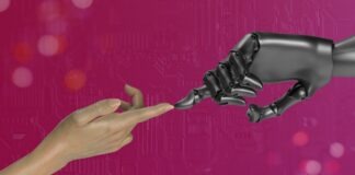 two hands touching each other in front of a pink background