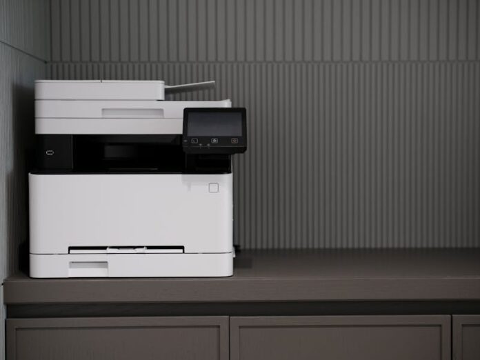 Photo by Engin Akyurt A sleek, modern printer situated on a minimalist office desk with a textured background.