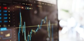Detailed view of financial trading graphs on a monitor, illustrating stock market trends.