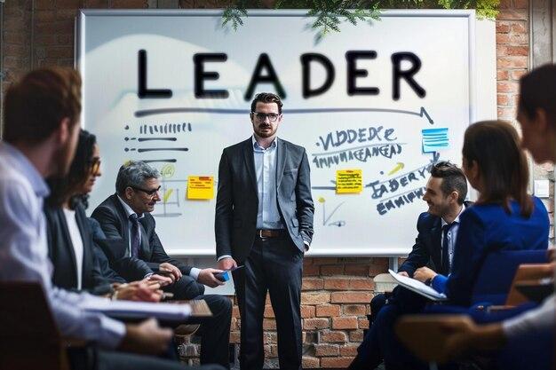 a man in a suit is presenting to a group of friends