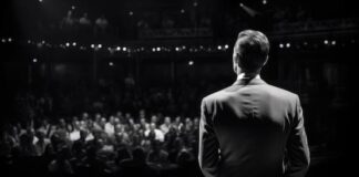 View of black and white person attending theatre