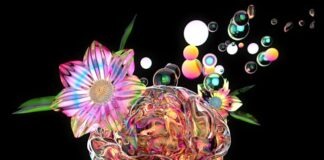 a digital painting of a flower and bubbles