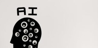 Abstract illustration of AI with silhouette head full of eyes, symbolizing observation and technology.