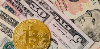 Close-up of a gold Bitcoin coin placed on various US dollar bills, illustrating digital currency concepts.