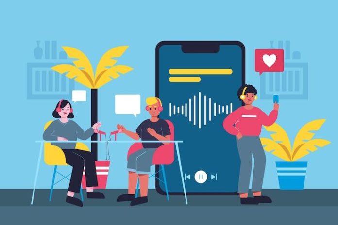 People recording and listening podcasts