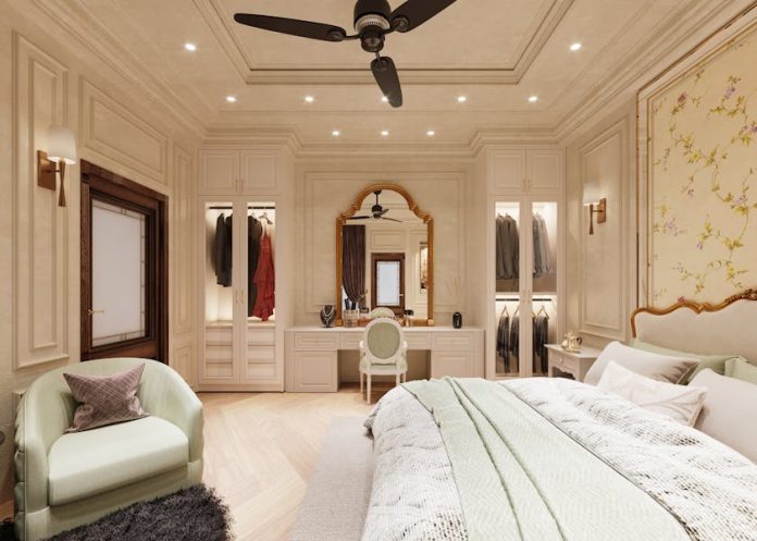 Luxurious bedroom with elegant decor, featuring a king-sized bed, modern furnishings, and soft lighting.