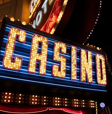 a building with neon signs