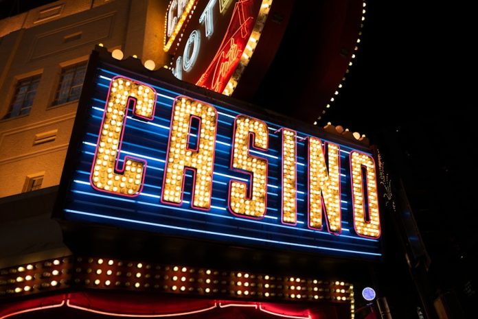 a building with neon signs