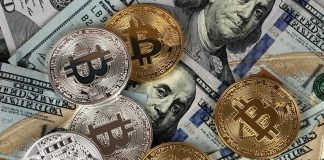 Close-up of bitcoins and US dollar bills symbolizing modern finance and cryptocurrency.