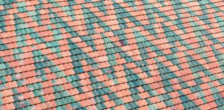 a bird is perched on a roof of a building