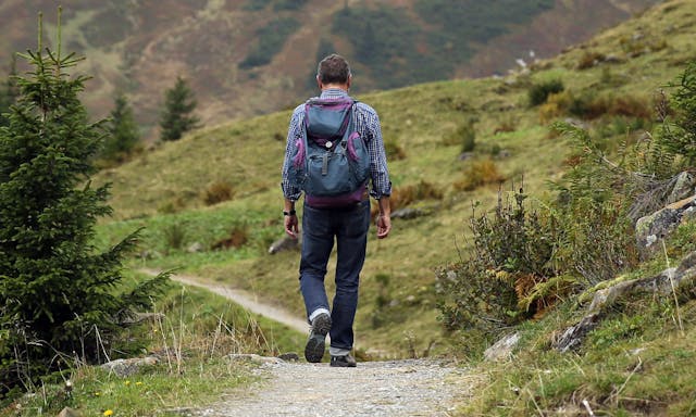 A man with a backpack walks away down a gravel hiking trail through a green, grassy mountain landscape