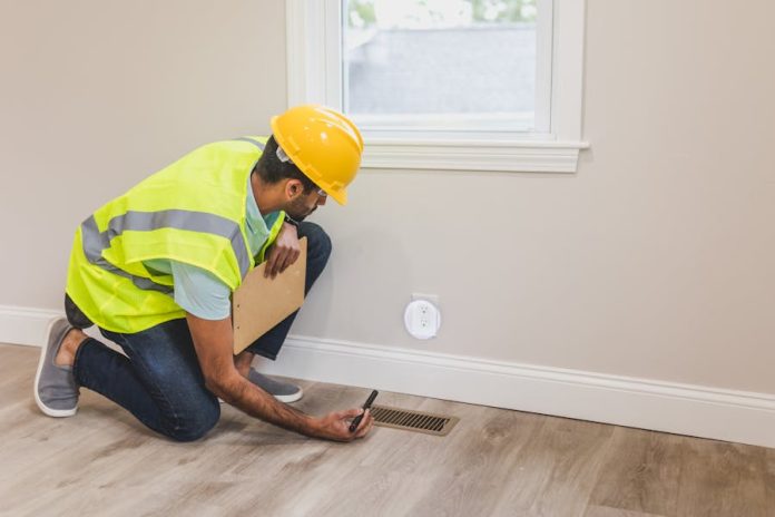 Photo by RDNE Stock project A construction worker in a hard hat inspects a floor vent indoors, ensuring quality and safety standards.