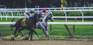 two man riding horse while racing