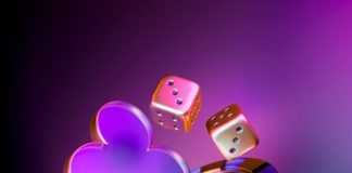 A purple and black background with dices and hearts
