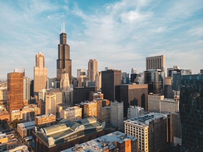 An aerial view of a city with tall buildings
