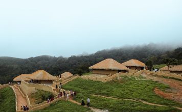 a group of people walking around a grass field with huts