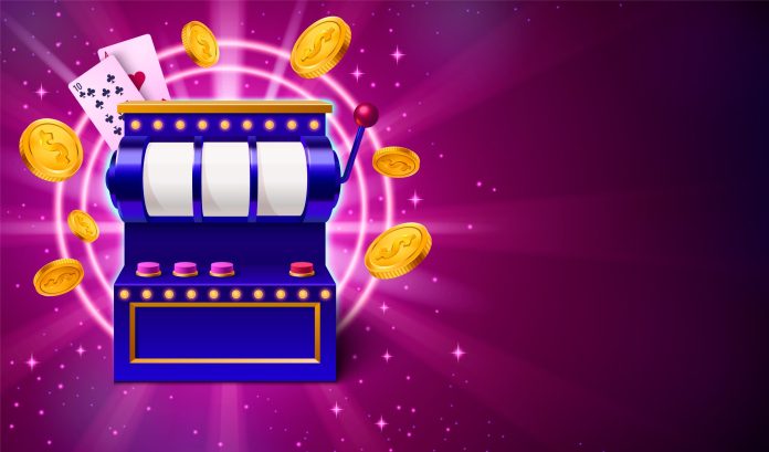 Slot machine with golden coins and poker cards.