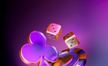 A purple and black background with dices and hearts