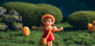 a little girl is standing in the grass