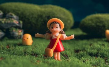 a little girl is standing in the grass