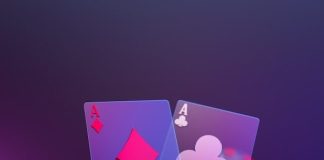 A purple background with playing cards and a casino chip