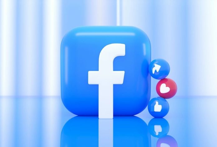 A blue Facebook logo icon with small share, like, and heart reaction spheres