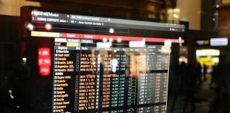 Financial stock market data displayed on a screen