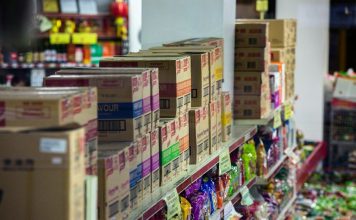 pink and white cardboard boxes
